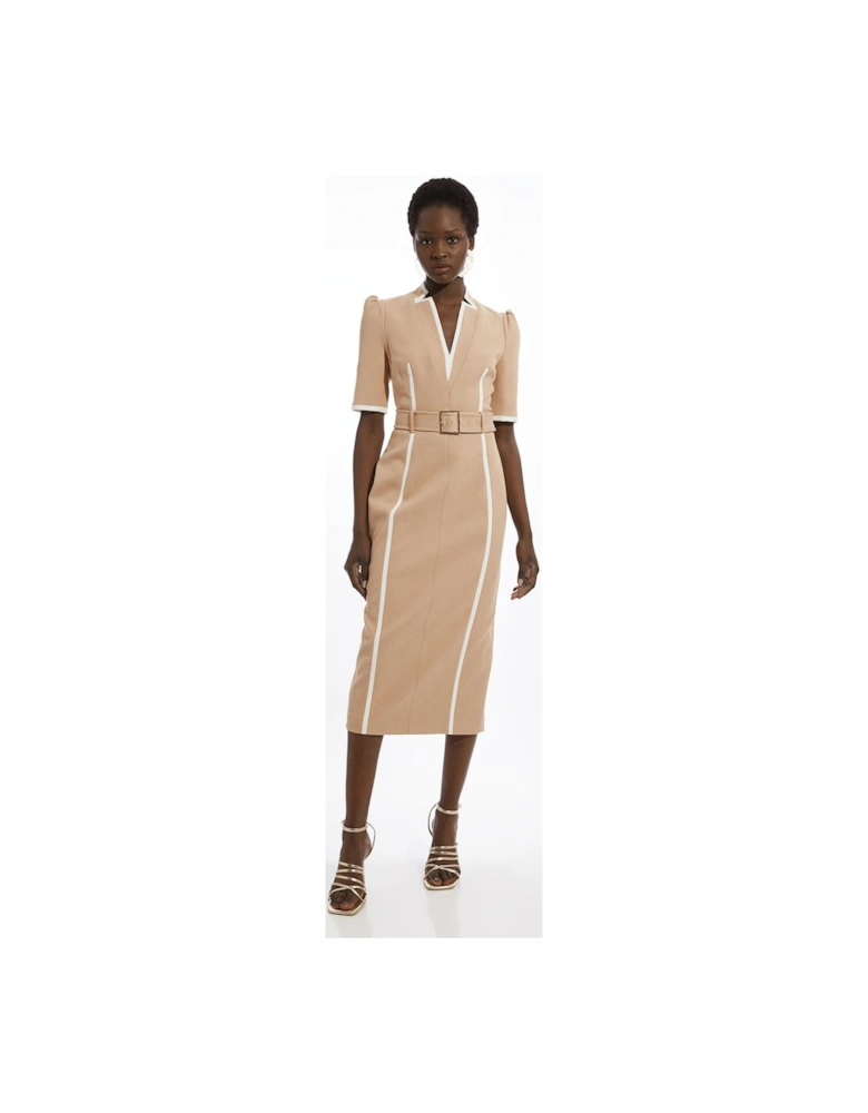 Petite Compact Stretch Contrast Tipped Forever Belted Tailored Midi Dress