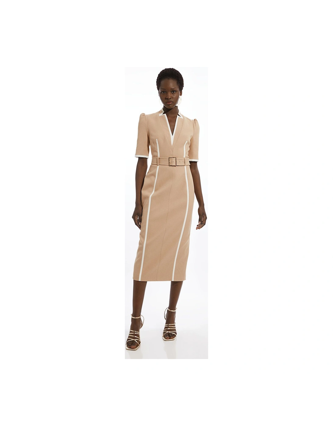 Petite Compact Stretch Contrast Tipped Forever Belted Tailored Midi Dress, 2 of 1