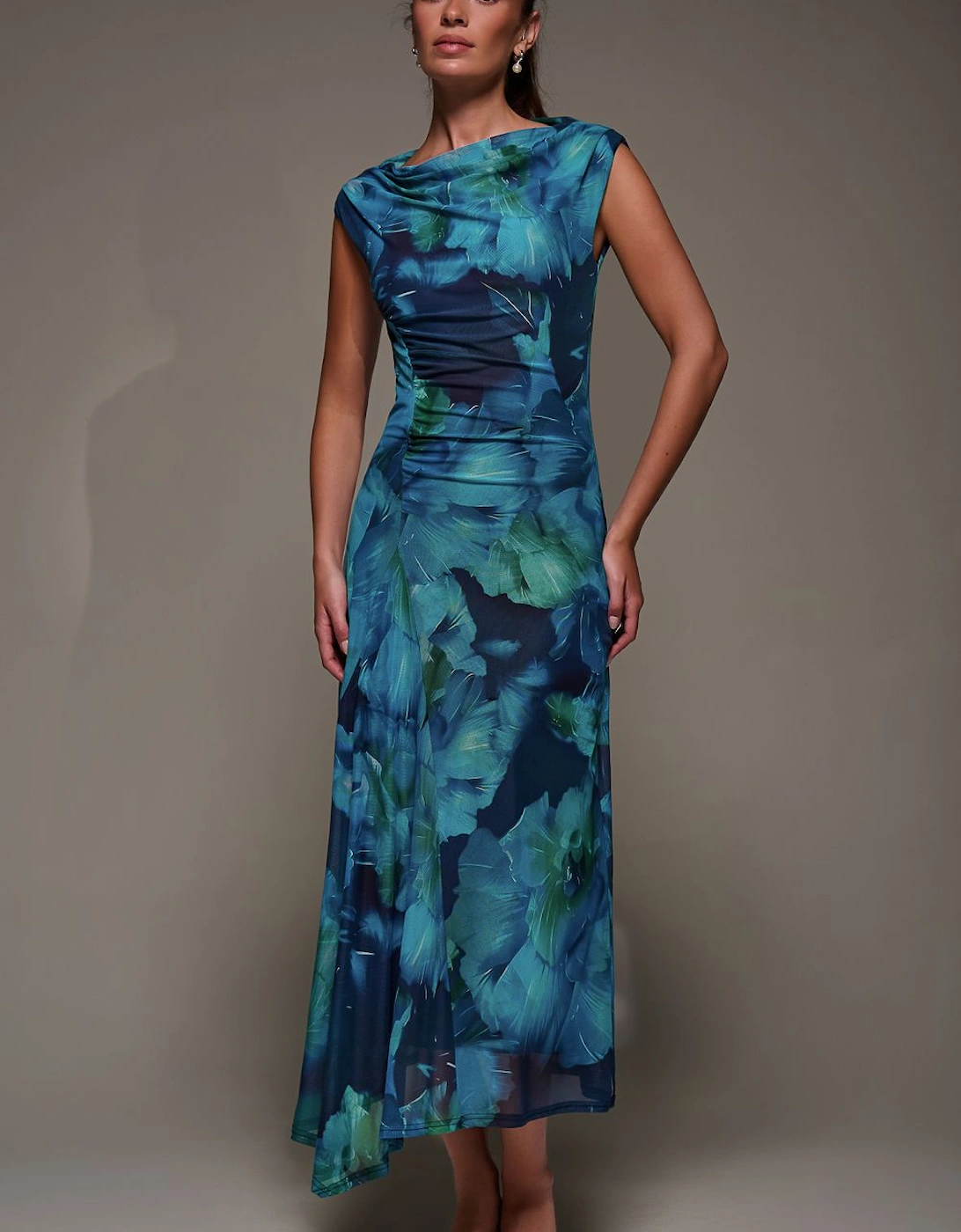 Slash Neck Ruched Mesh Maxi Dress, 2 of 1