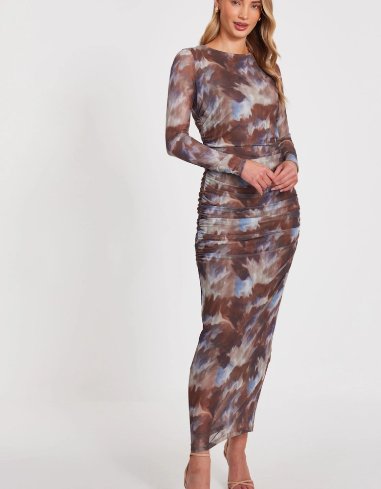 Brown Mesh Printed Midaxi Dress