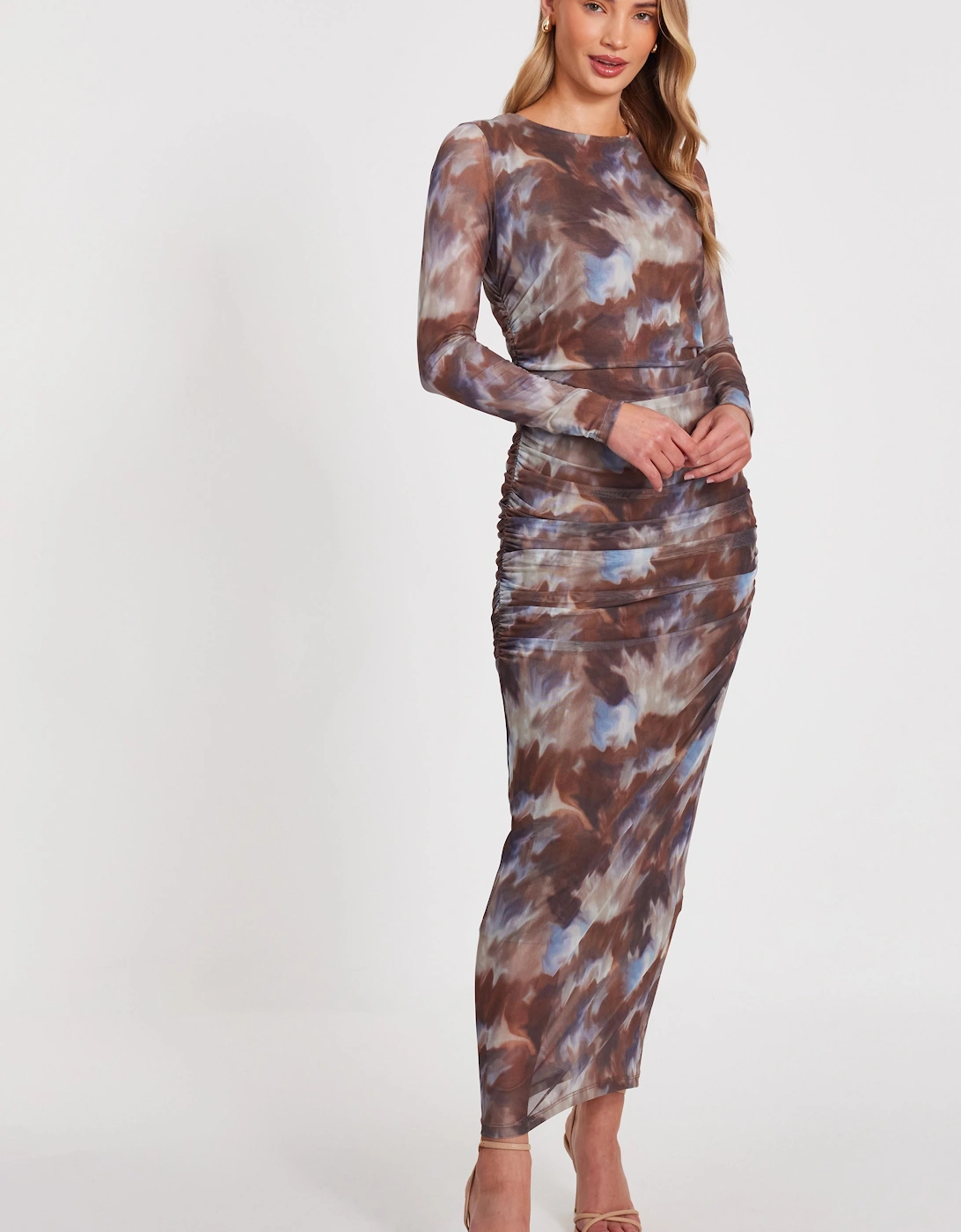 Brown Mesh Printed Midaxi Dress, 2 of 1