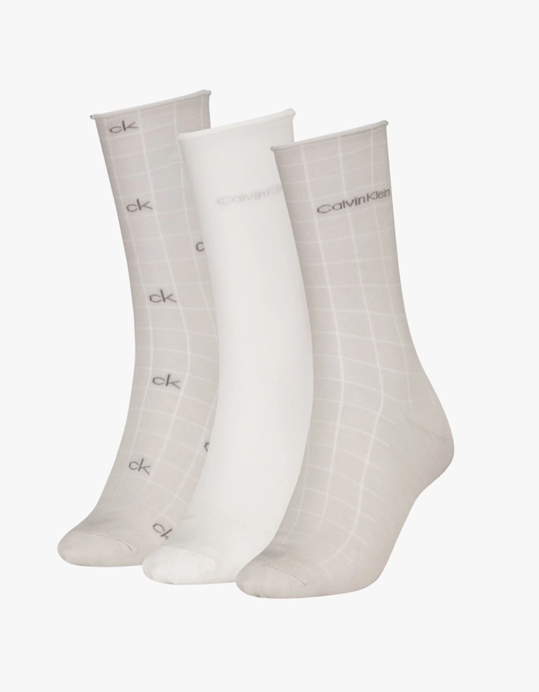 3 Pack Giftbox Grid Womens Socks Light Grey