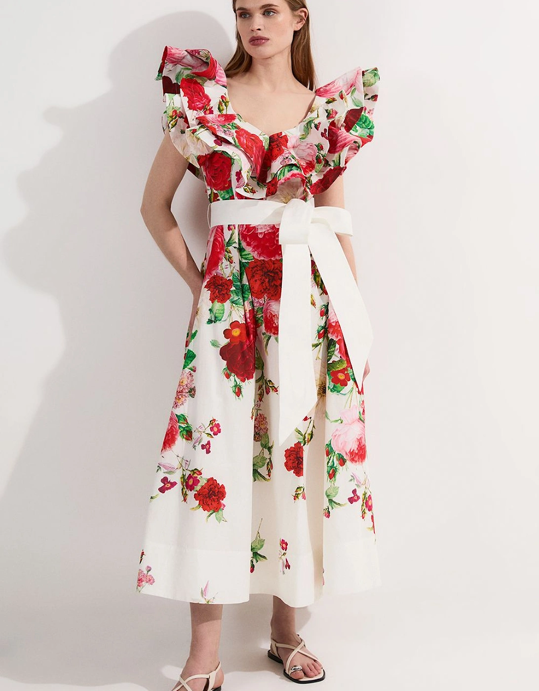 Floral Cotton Poplin Structure Ruffle Tie Belt Woven Midi Dress, 2 of 1