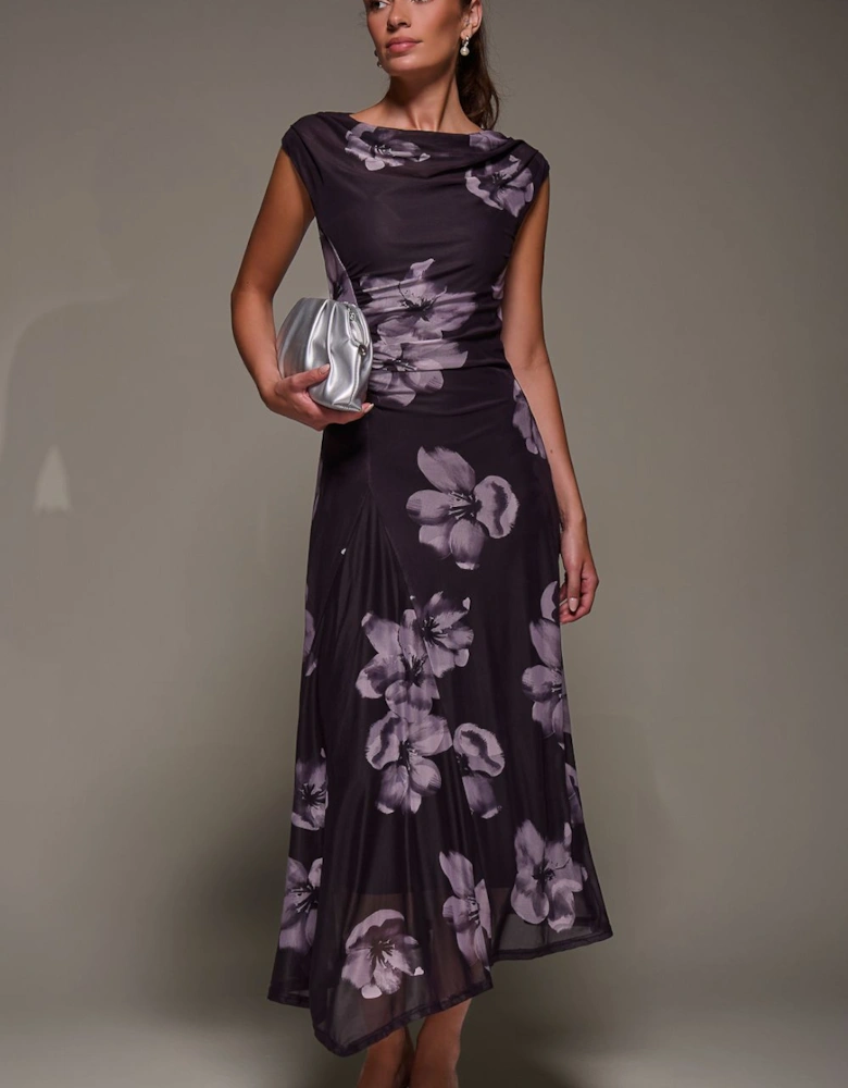 Slash Neck Ruched Mesh Maxi Dress