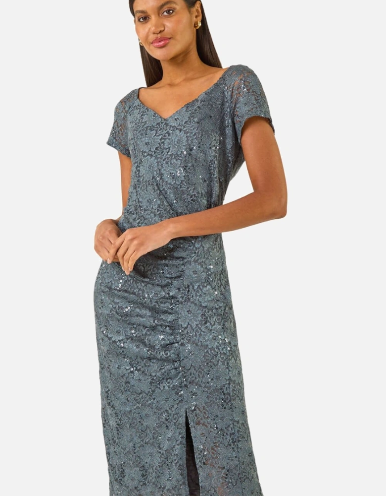 Shimmer Lace Side Ruched Stretch Dress