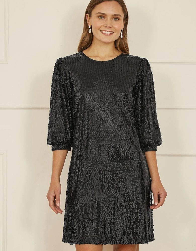 Black Sequin Tunic Dress With Balloon Sleeves