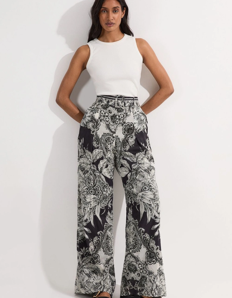 Tile Silk Cotton Woven High Waisted Trouser