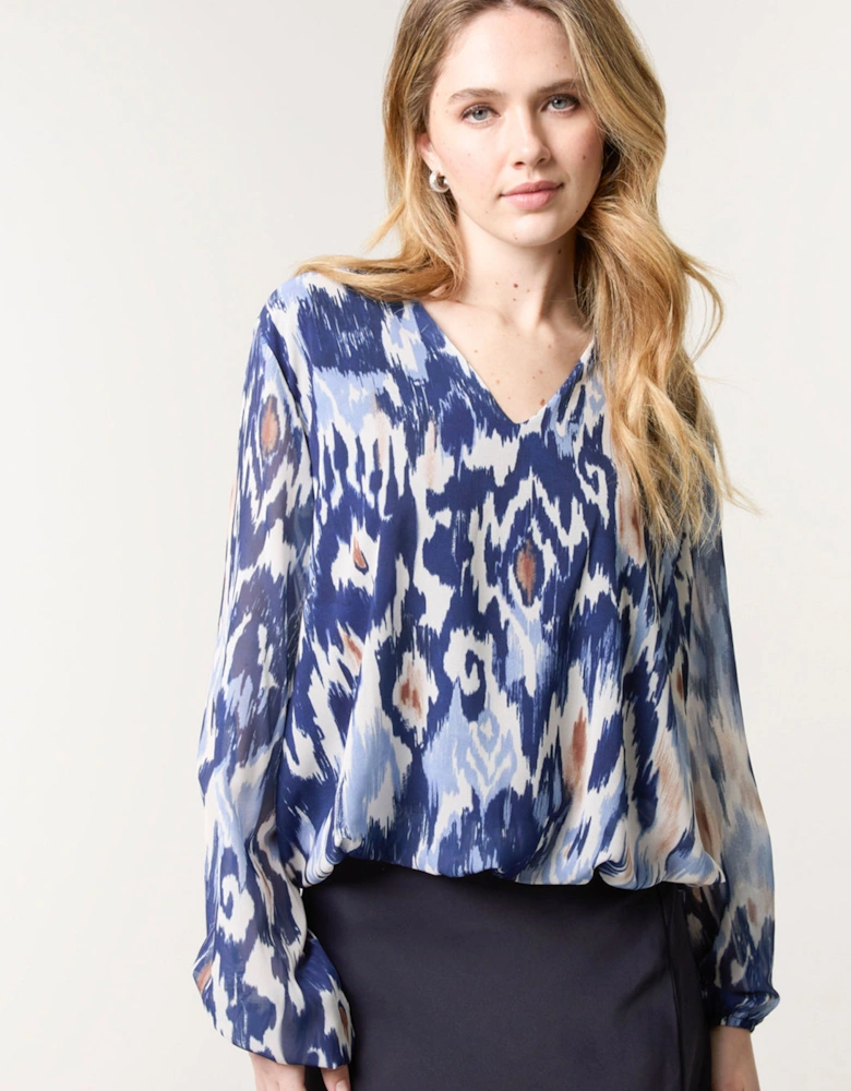 Navy V Neck Watercolour Print Blouse