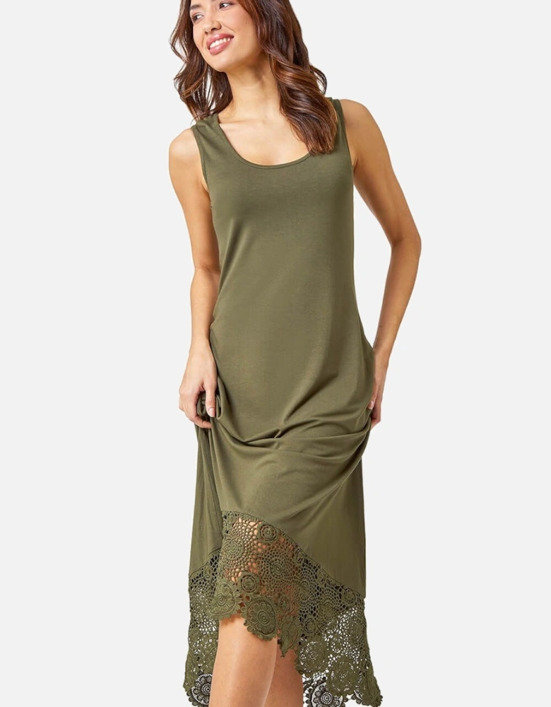 Crochet Hem Stretch Midi Dress