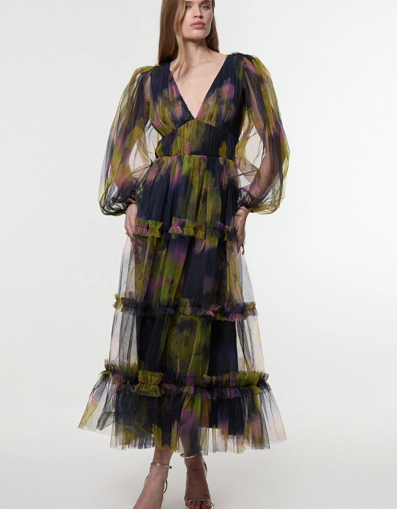 Floral Tulle Plunge Woven Maxi Dress