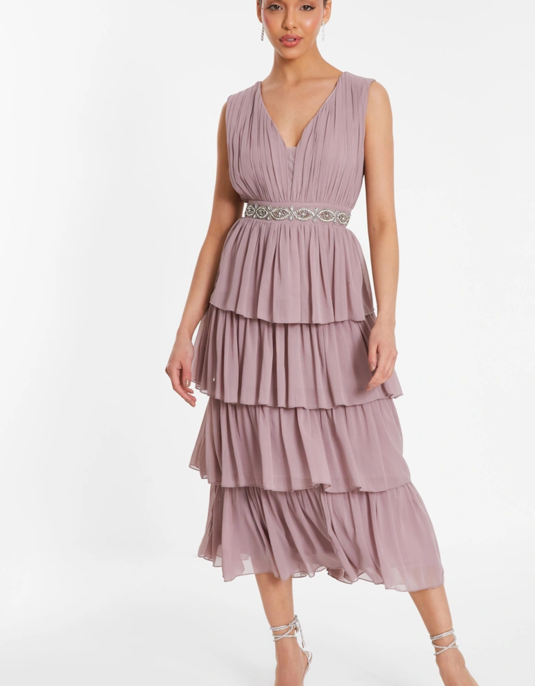 Pink Chiffon Tiered Midi Dress