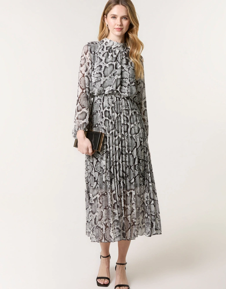 Black Snakeskin High Neck Pleat Dress