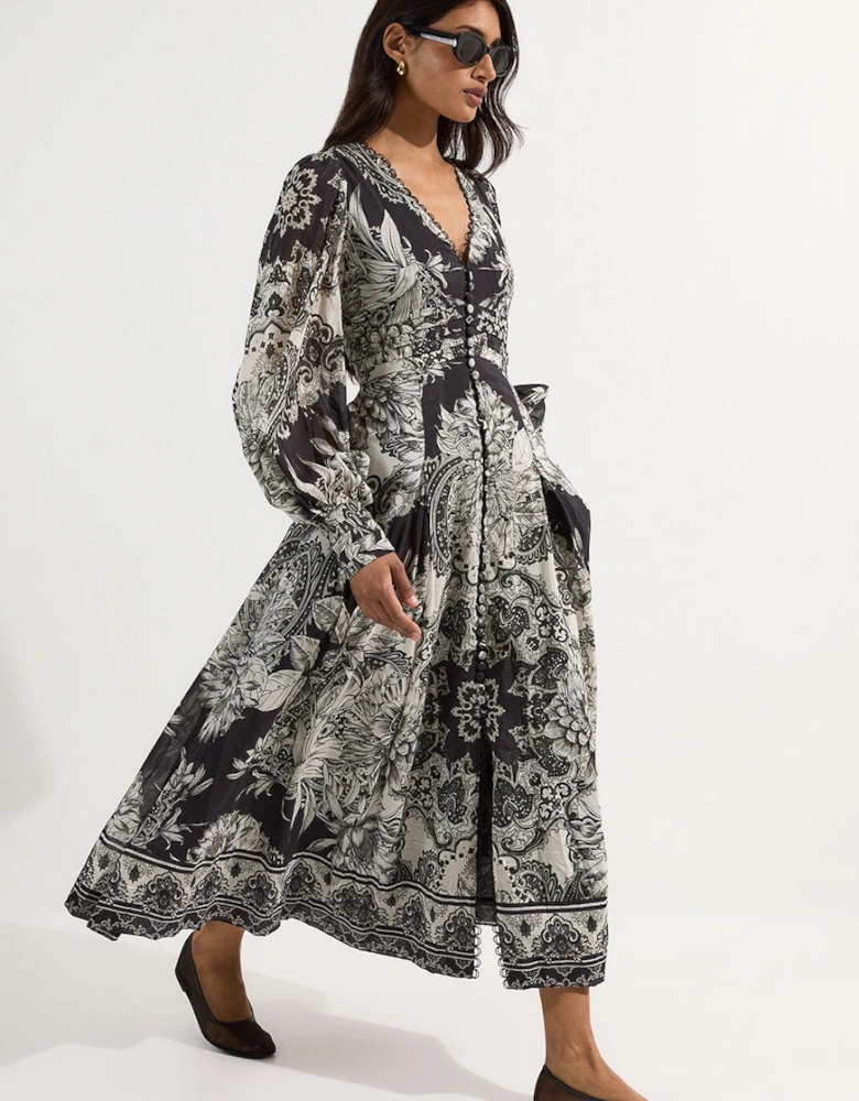Tile Silk Cotton Plunge Woven Maxi Dress