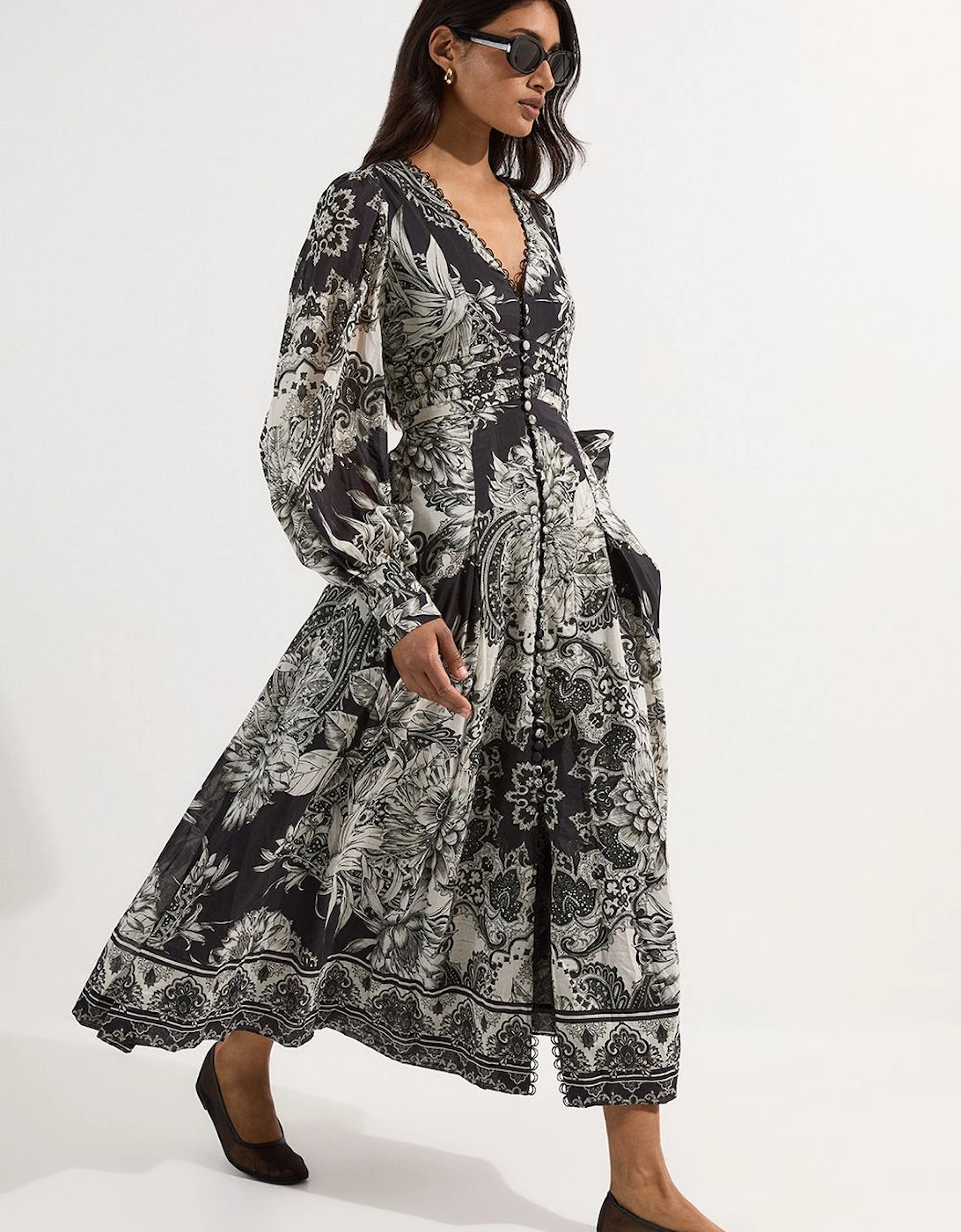 Tile Silk Cotton Plunge Woven Maxi Dress, 2 of 1