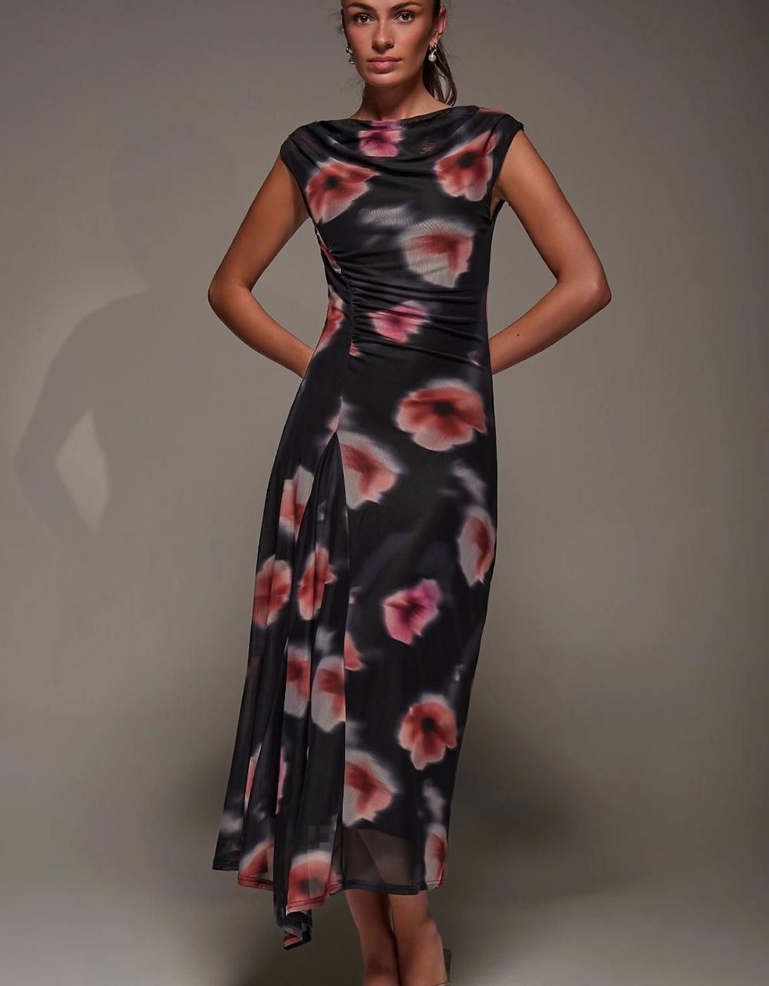 Slash Neck Ruched Mesh Maxi Dress, 2 of 1