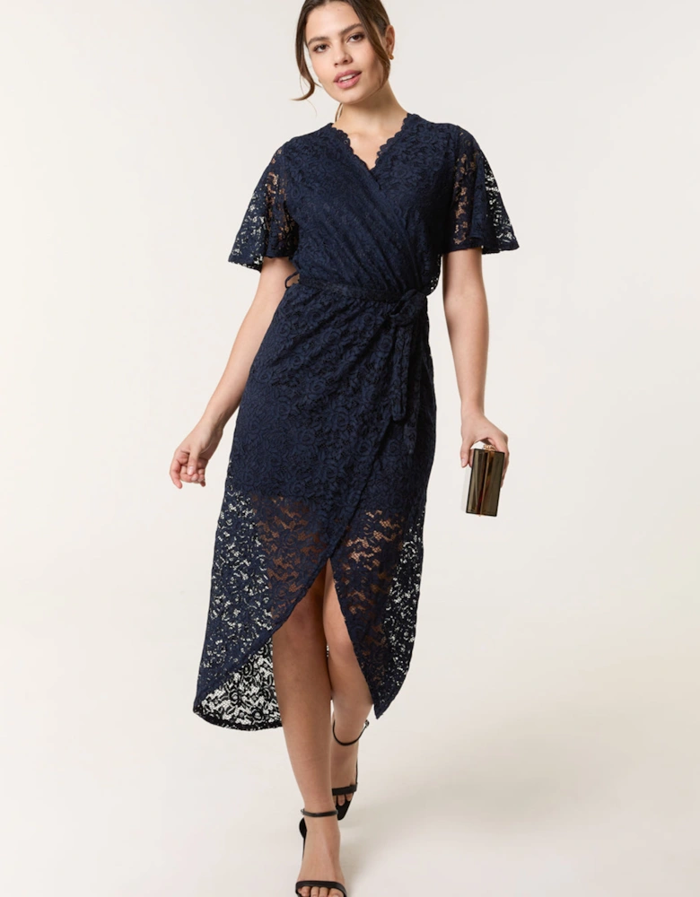 Navy Lace Wrap Over Midi Dress