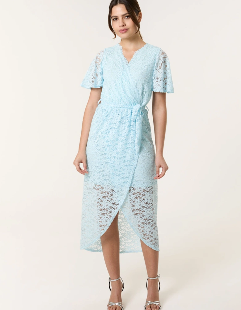 Light Blue Lace Wrap Over Midi Dress