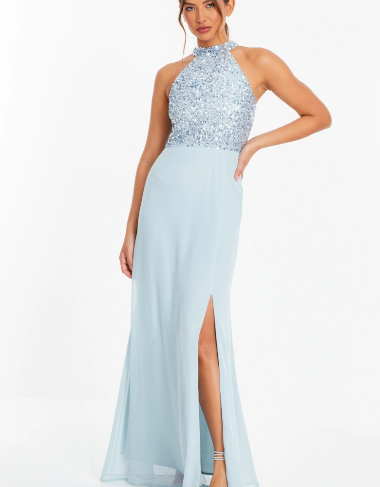 Blue Embellished Chiffon Maxi Dress