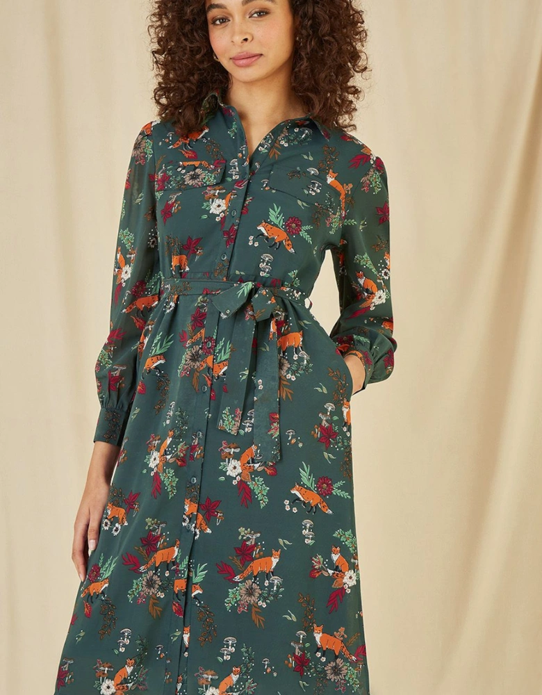 Green Recycled Fox Print Shirt Midi Dress