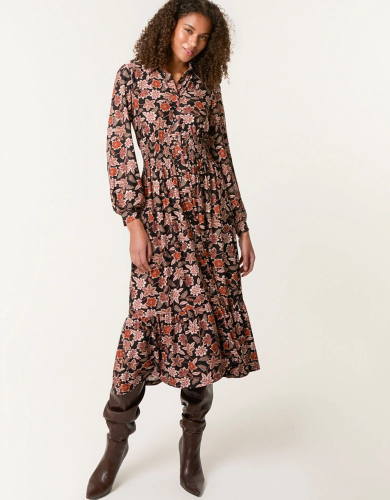 Black Floral Printed Shirred Waist Midi Shirt Dress