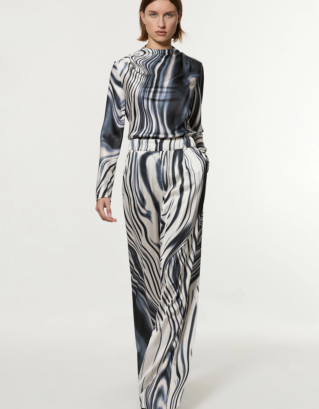 Graduated Stripe Viscose Satin High Waist Trouser, 2 of 1