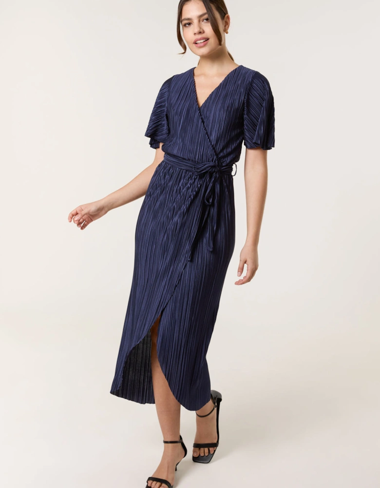 Navy Plisse Wrap Over Midi Dress