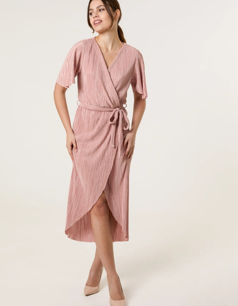 Pink Plisse Wrap Over Midi Dress