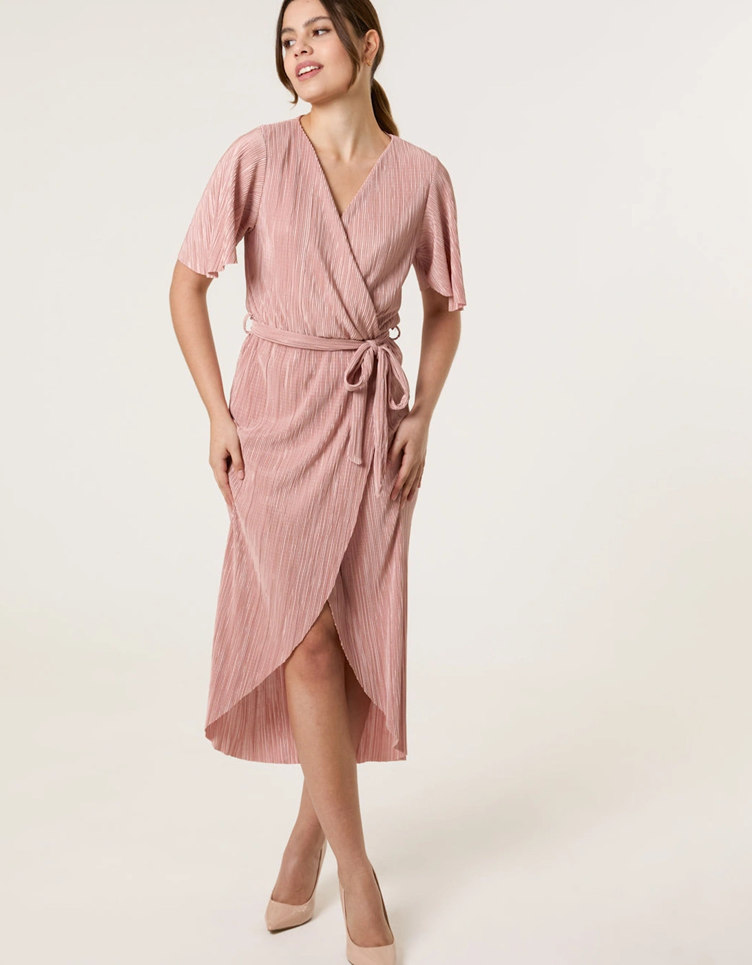Pink Plisse Wrap Over Midi Dress, 2 of 1
