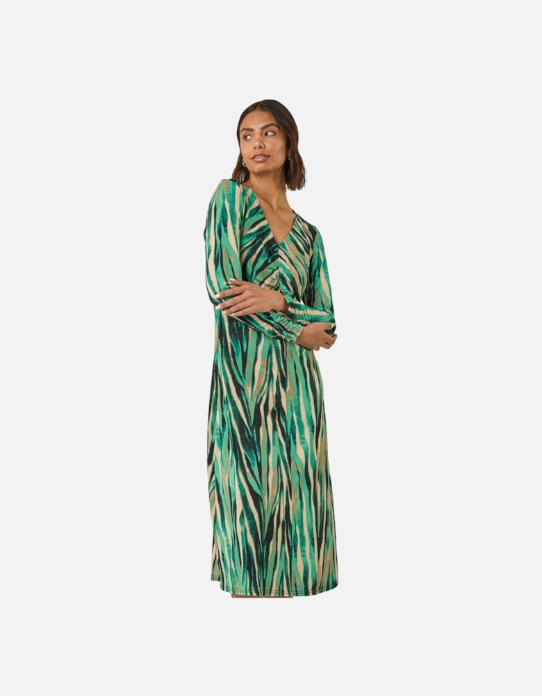 Abstract Print Ruched Midi Stretch Dress
