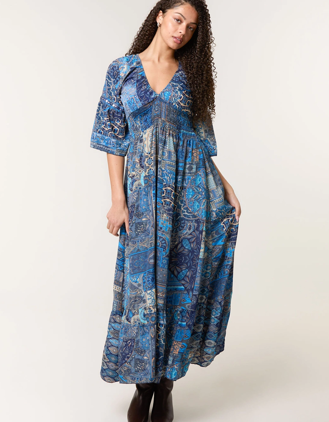 Blue Embellished Sleeve V Neck Maxi Dress, 2 of 1