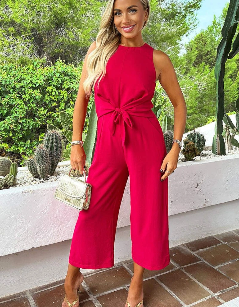 Magenta Racer Neck Tie Waist Jumpsuit