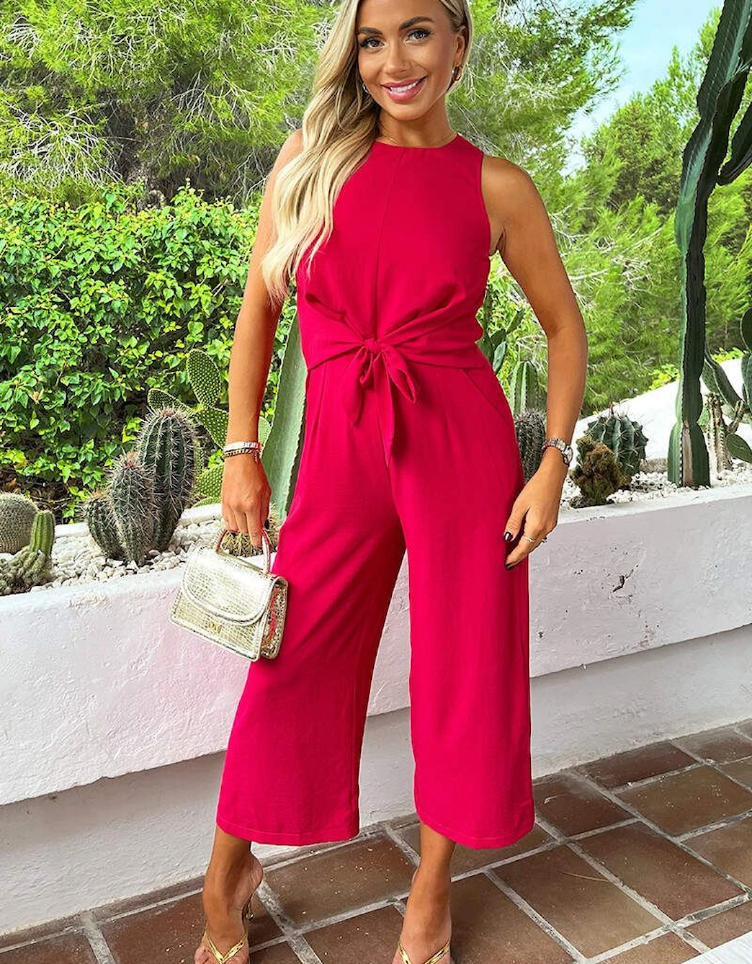 Magenta Racer Neck Tie Waist Jumpsuit, 2 of 1
