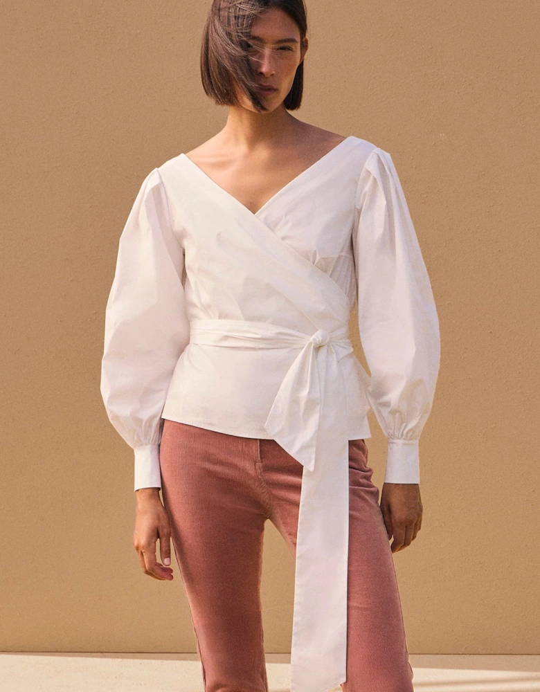 Cotton Poplin Cold Shoulder Woven Wrap Detail Blouse