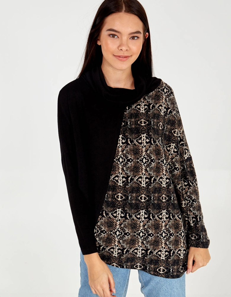 Black Colour Block Snake Print Cowl Top