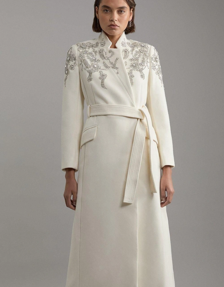Wool Crystal Embellished Notch Neck Belted Maxi Coat