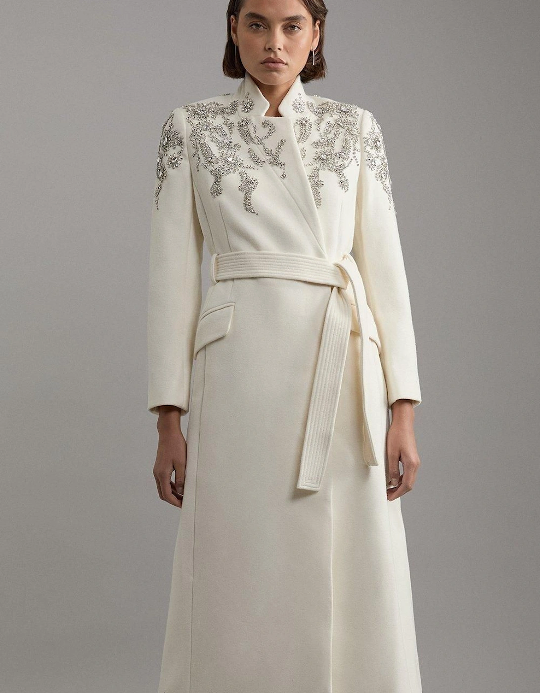 Wool Crystal Embellished Notch Neck Belted Maxi Coat, 2 of 1