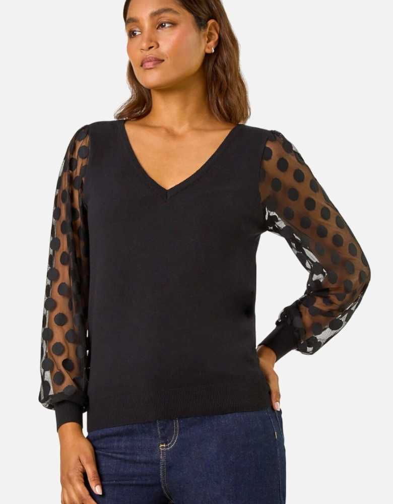 Polka Dot V-Neck Sleeve Knit Jumper