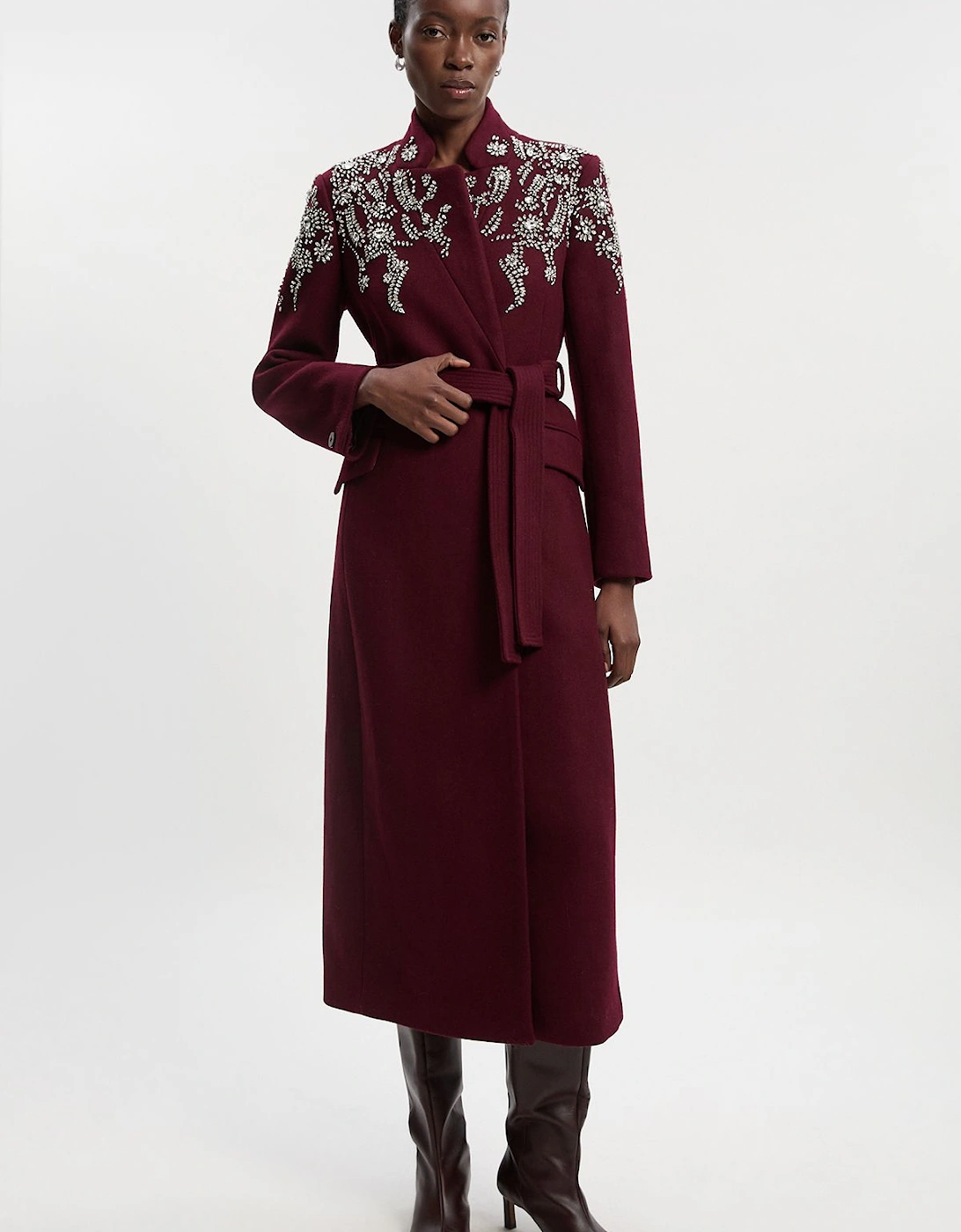 Wool Crystal Embellished Notch Neck Belted Maxi Coat, 2 of 1