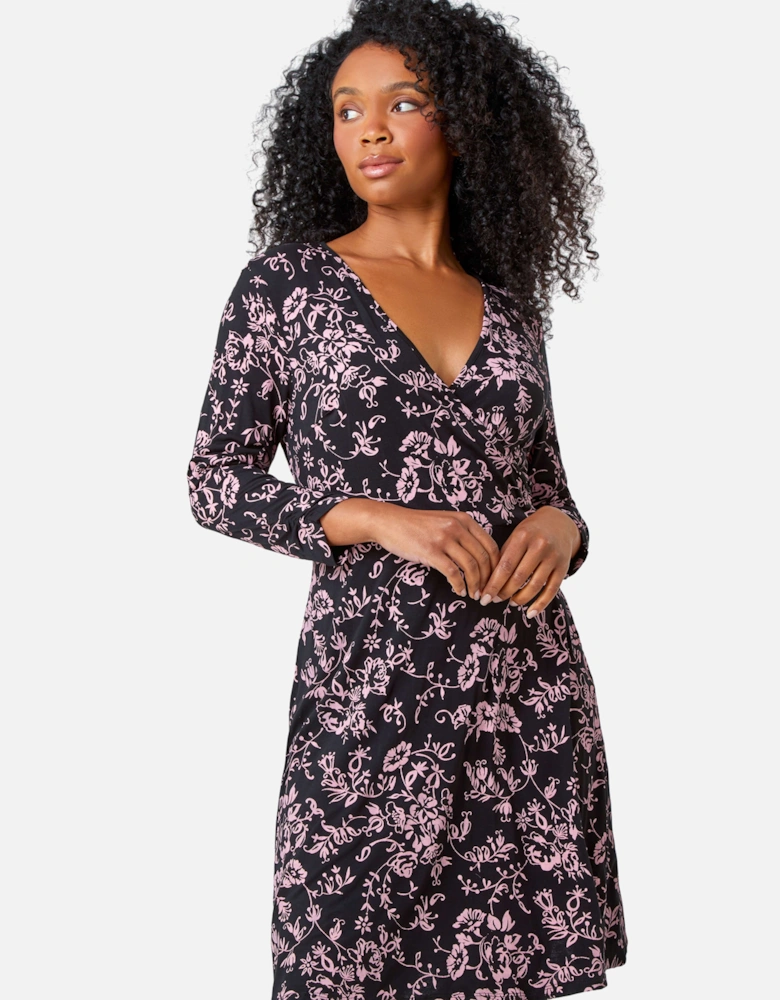 Petite Floral Mock Wrap Stretch Dress