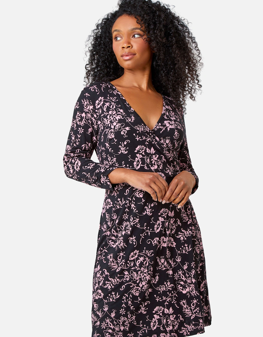 Petite Floral Mock Wrap Stretch Dress, 2 of 1