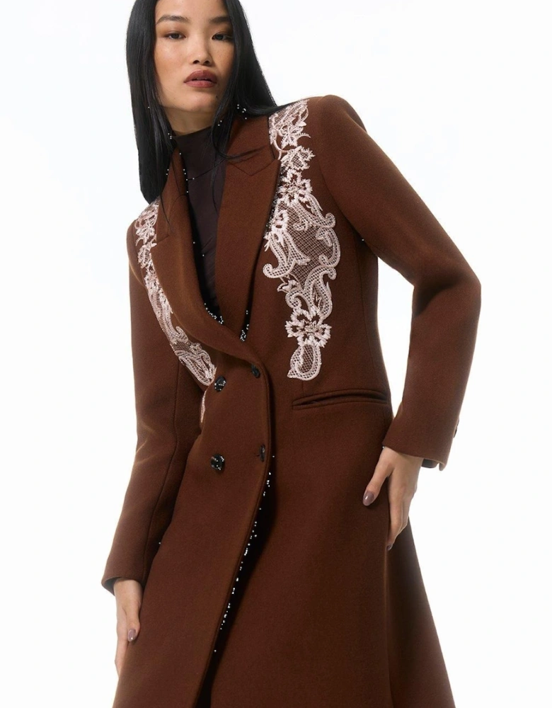 Wool Blend Embroidered Embellished Placed Floral Double Breasted Tailored Midi Coat