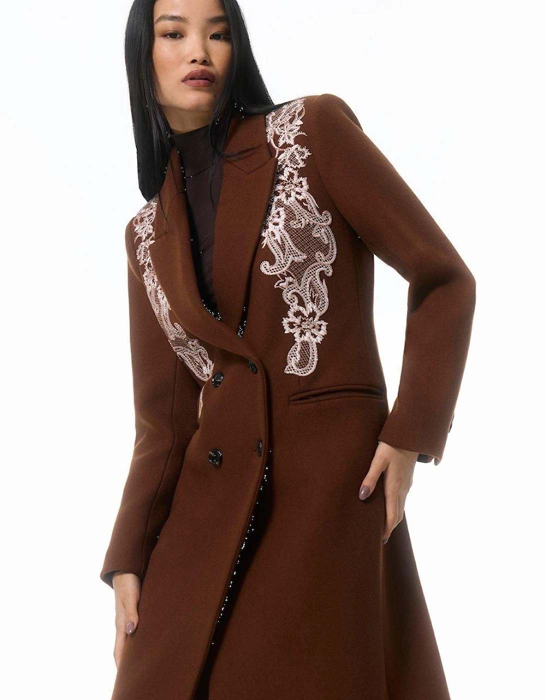 Wool Blend Embroidered Embellished Placed Floral Double Breasted Tailored Midi Coat, 2 of 1
