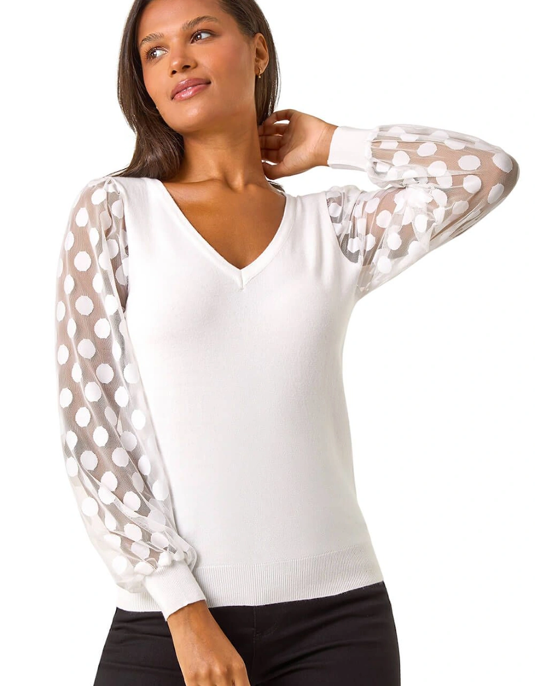 Polka Dot V-Neck Sleeve Knit Jumper, 2 of 1