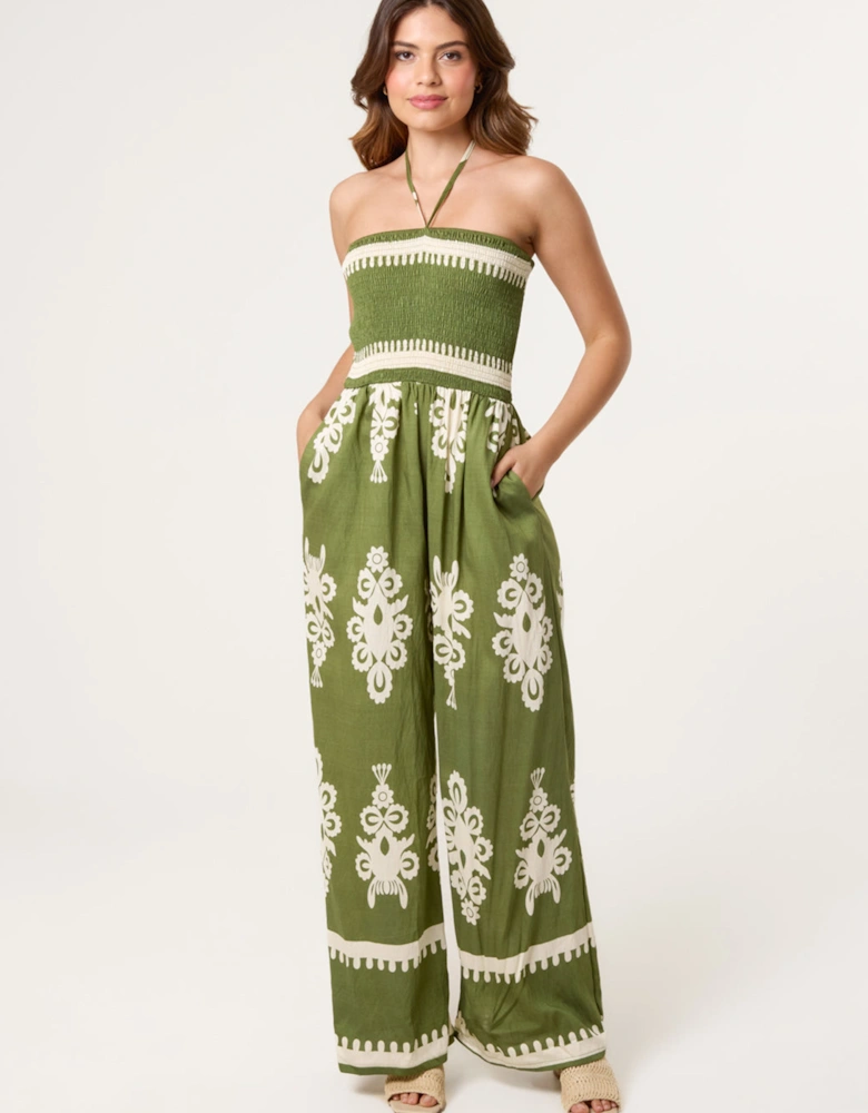 Khaki Strapless Shirred Waist Jumpsuit