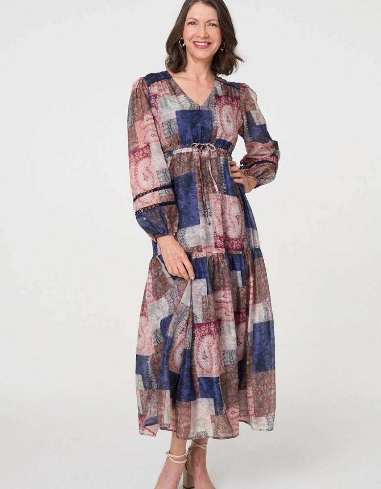 Patchwork Print Empire V-Neck Maxi Dress