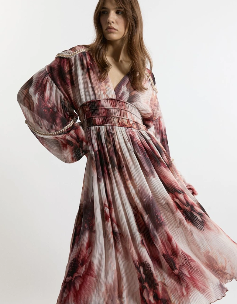 Crinkle Floral Woven Midi Dress With Balloon Sleeve And Embellishment