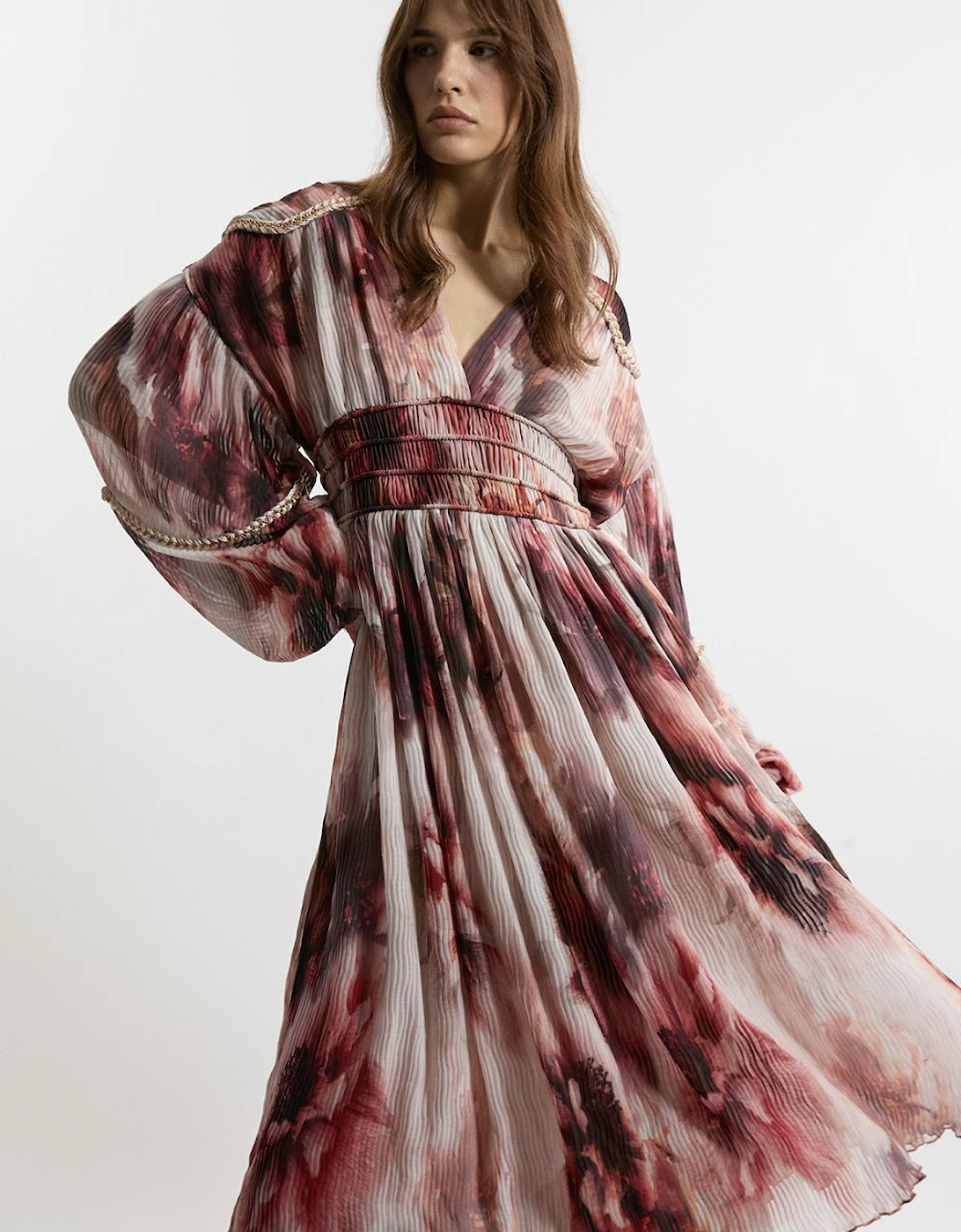 Crinkle Floral Woven Midi Dress With Balloon Sleeve And Embellishment, 2 of 1