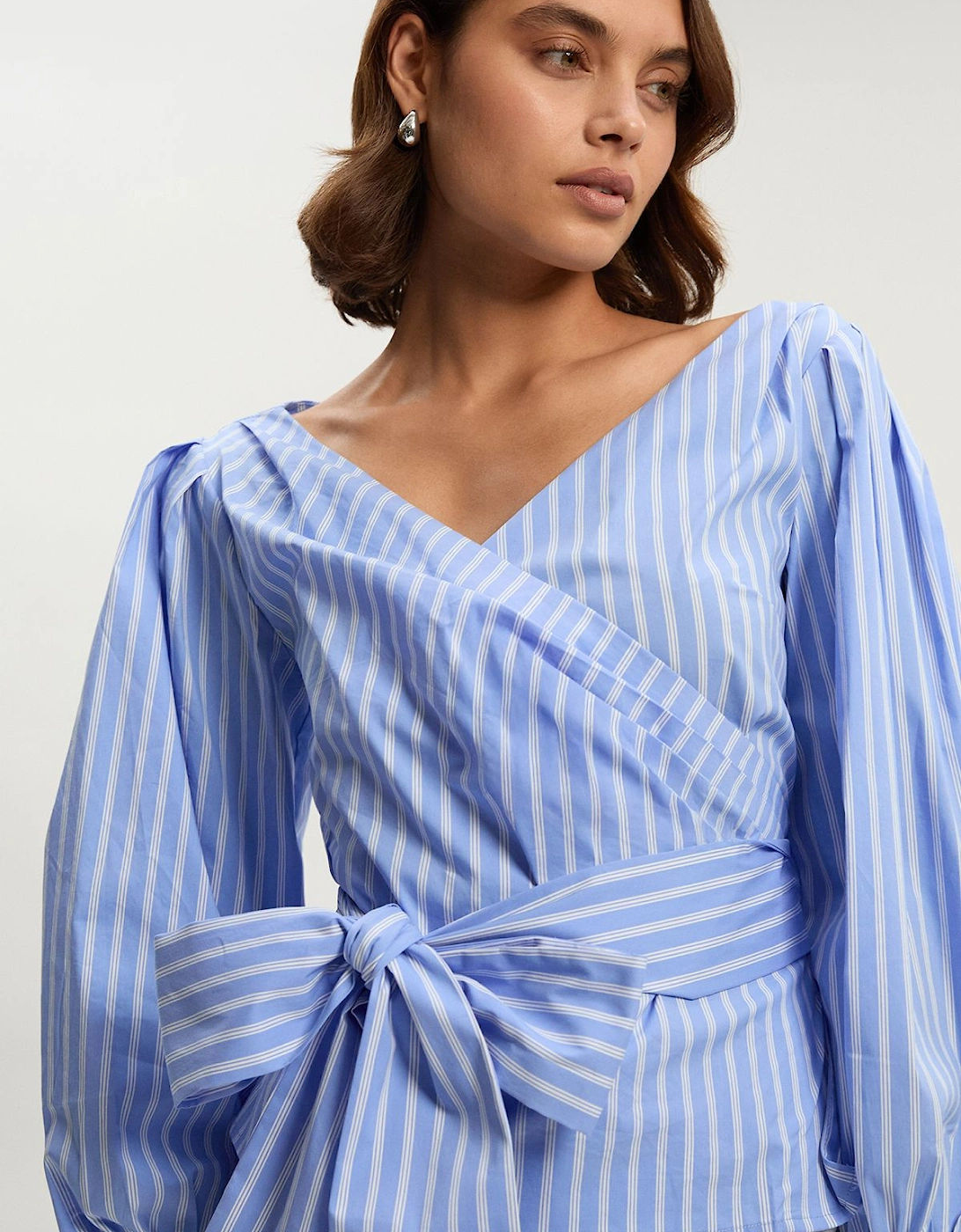 Stripe Cotton Poplin Cold Shoulder Woven Wrap Detail Blouse, 2 of 1