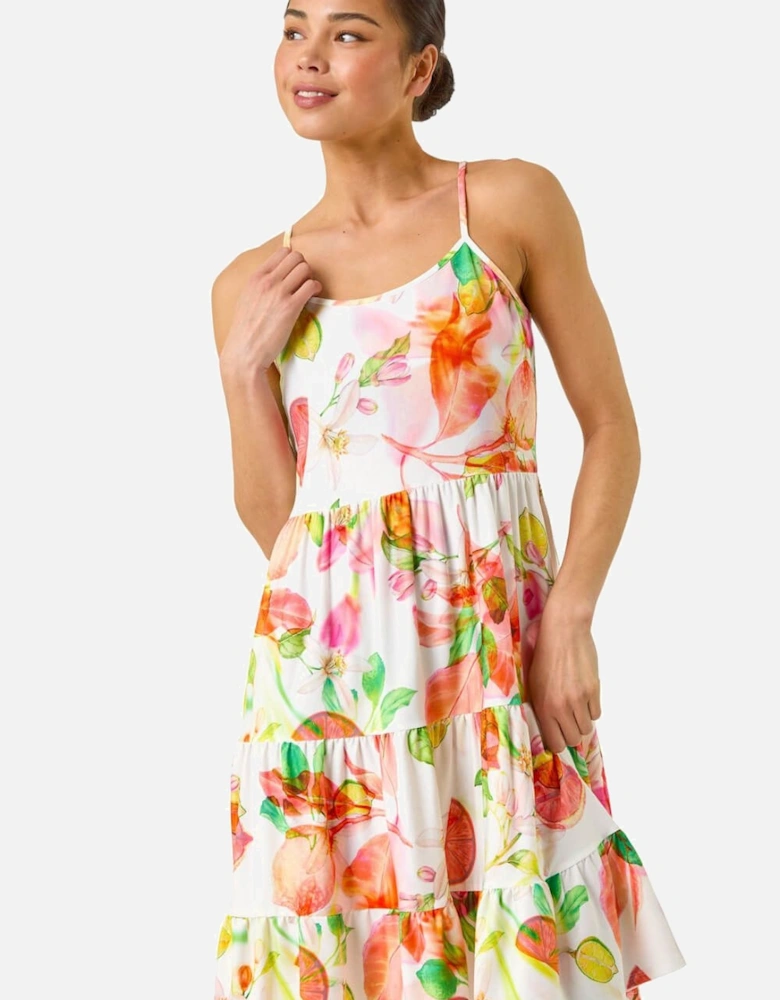Petite Fruit Print Strap Tiered Dress