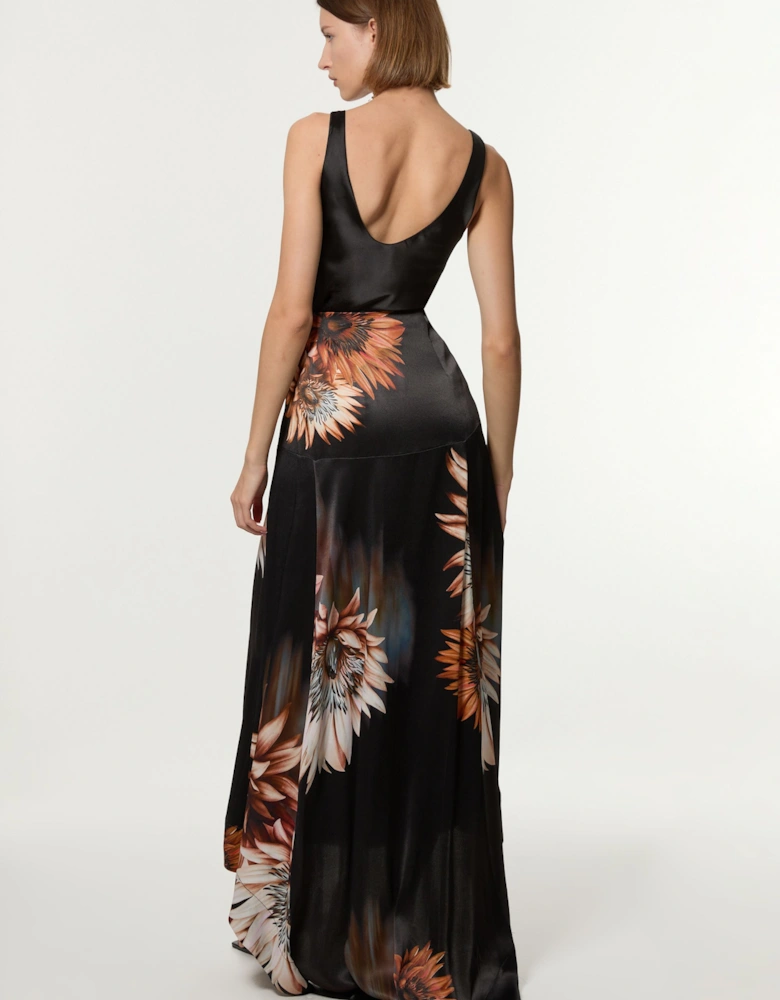 Viscose Satin Printed Panelled Train Maxi Skirt